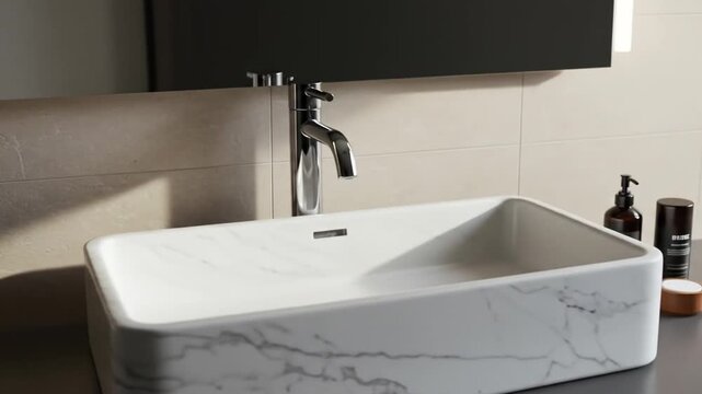 Sleek modern bathroom sink with marble pattern and chrome faucet