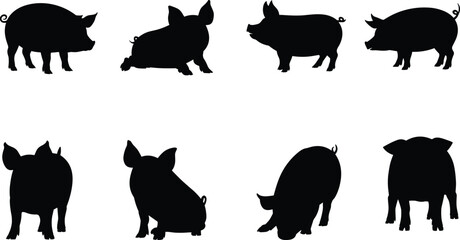 Collection of pig silhouettes in various poses, farm animal vector icons, piglet, pork symbol, standing, sitting, lying down, isolated set.