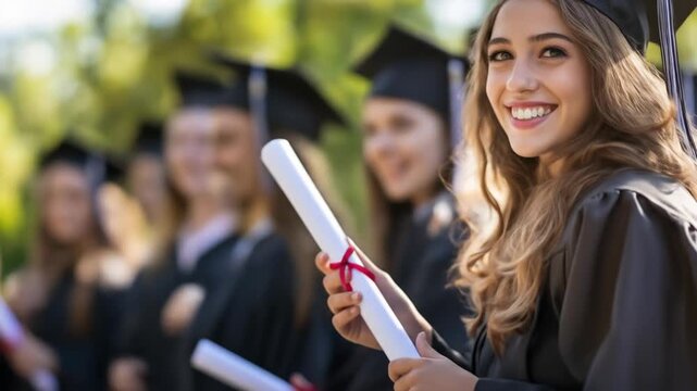 Young woman student graduating ceremony holding diploma achieving academic success