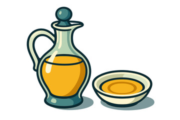 Glass oil cruet and small bowl with golden cooking liquid