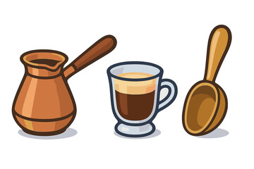 Turkish coffee pot espresso glass and wooden scoop icons set