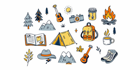 Collection of hand drawn camping and outdoor adventure elements with a playful doodle style