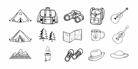 Collection of hand drawn camping and outdoor adventure icons and illustrations in black and white
