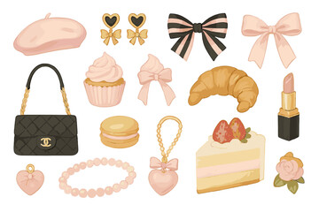 Parisian fashion accessories and gourmet pastry icons collection