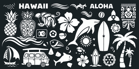 Hawaiian aloha collection featuring tropical icons and beach elements on black background