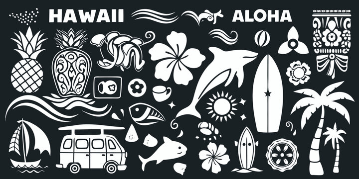 Hawaiian aloha collection featuring tropical icons and beach elements on black background