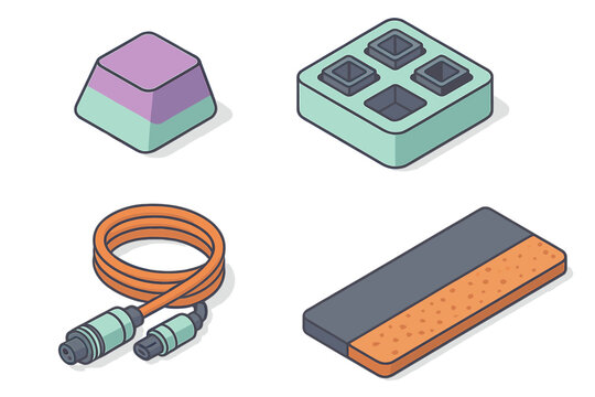 Collection of isometric computer hardware components and accessories