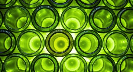 Colorful arrangement of green glass bottles on a bright surface showcasing unique shapes and reflections
