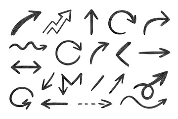 Hand drawn dark gray arrow icons set with various directions and styles