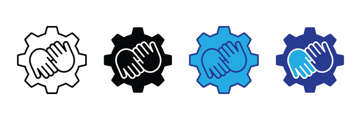 Collaboration and teamwork icon: hands clasped within a gear mechanism symbolizing partnership, cooperation, and integrated industry solutions for innovation and progress.