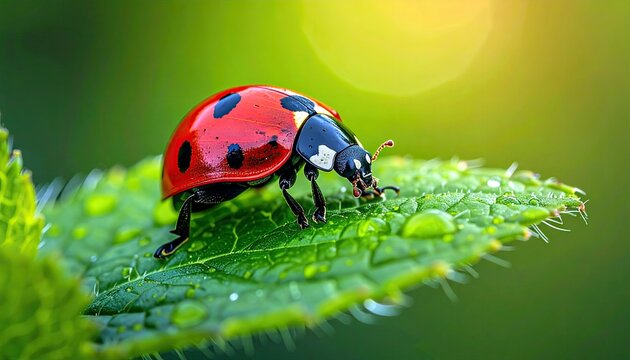 A detailed macro shot shows a vibrant red ladybug with black spots resting on a bright green leaf covered in water droplets.