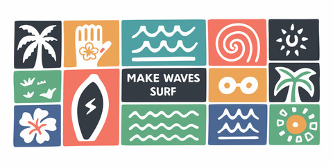 Colorful collage of surf inspired icons and text make waves surf