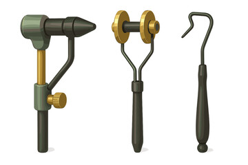 Set of essential tools for tying fishing flies including vise and bobbin