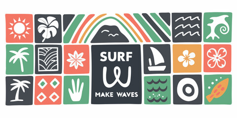 Tropical surf and beach lifestyle graphic design with surf make waves text and icons