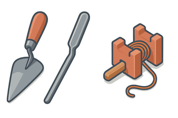 Isometric set of hand tools for gardening and construction work