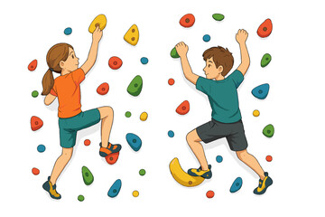Children climbing colorful holds on indoor bouldering wall © icon_art