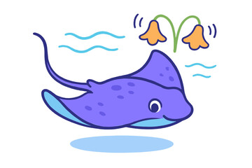 Adorable purple stingray swims among vibrant underwater flowers