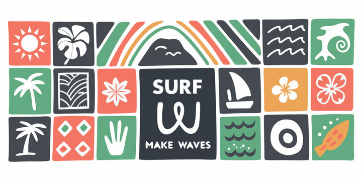 Tropical surf and beach lifestyle graphic design with surf make waves text and icons