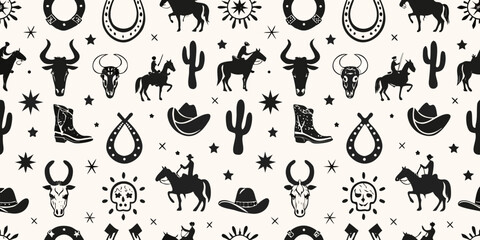 Western cowboy seamless pattern with horses cacti cowboy hats and bull skulls