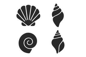 Four black and white icons of various seashells and spiral conch shapes