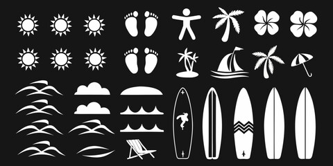 Collection of white summer beach vacation icons and symbols on a black background