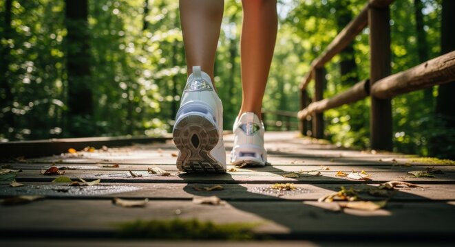 Person walking on wooden path surrounded by trees in a forest during daytime spring season
