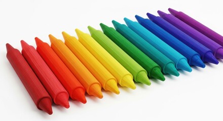 Colorful set of crayons arranged in a rainbow pattern on a white background for art and creativity