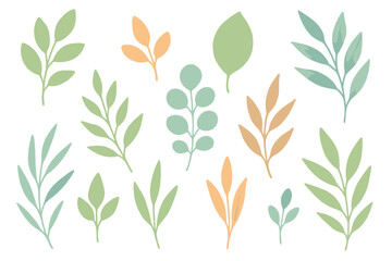 Assorted botanical leaves in soft pastel watercolor style