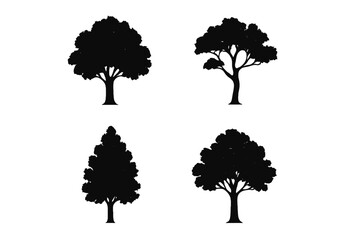 Set of four black silhouette deciduous and conical tree shapes isolated on white background
