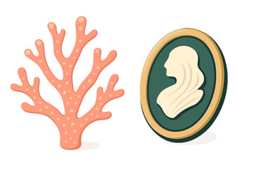 Coral branch and antique cameo portrait silhouette isolated on white
