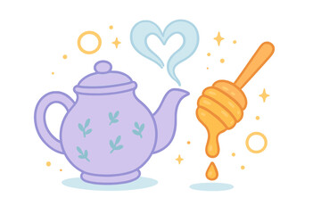 Whimsical purple teapot with steam heart and dripping honey dipper