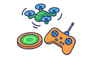 Modern quadcopter drone with remote controller and circular landing pad