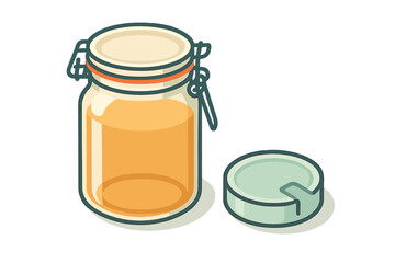 Glass jar with swing top closure filled with golden liquid and the lid resting beside it