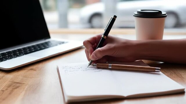 Person writing notes in a notebook with a pen next to a laptop and coffee cup on a wooden desk