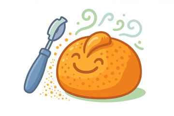 Smiling bread roll character with scoring tool and steam indicating fresh aroma