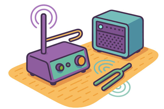 Colorful isometric theremin electronic musical instrument with amplifier and tuning fork