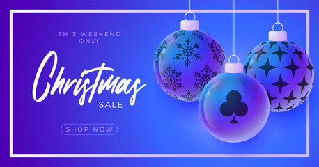 Casino Christmas and New Year sport banner. Merry Christmas tech greeting card with xmas ball as a bauble on purple neon background. Vector illustration