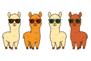 Obraz premium Four cartoon llamas wearing colorful sunglasses standing in a row