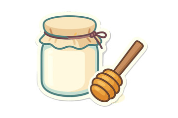 Jar of sweet golden honey with a cloth lid and a wooden dipper isolated on white background