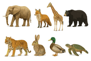Realistic wild animals collection featuring elephant, tiger, bear, and giraffe