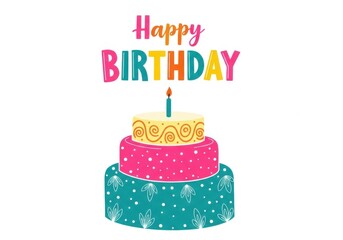 Happy birthday cake with colorful text and candle