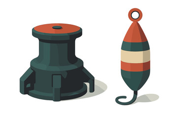 Set of marine equipment featuring a dark green boat winch and a striped mooring buoy © Mark