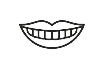 Simple black and white line art icon of a wide smiling mouth showing healthy white teeth