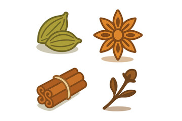 Whole baking spices icons: cardamom, star anise, cinnamon, and cloves assortment