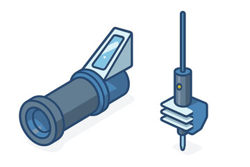 Isometric set of scientific measuring tools including refractometer and depth gauge