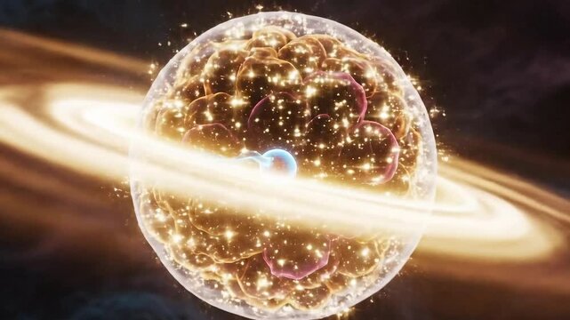 Scientific Visualization Of Male Sperm Cell Fertilizing Female Ovum With Glowing Energy And Planetary Rings In Cosmic Background Detailed 3D Animation
