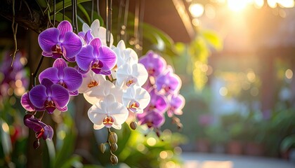 A cluster of vibrant purple and white orchids hangs gracefully, illuminated by the soft glow of sunlight filtering through leaves.