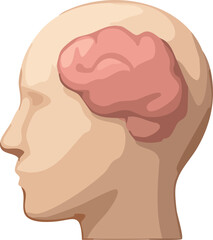 A side-view human head icon with a simplified pink brain illustration visible on the back of the skull.