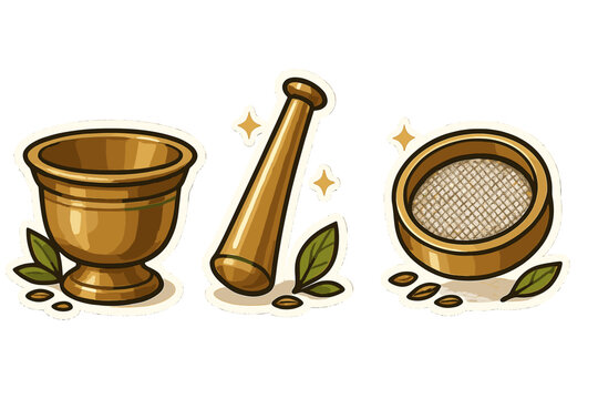 Golden mortar pestle and spice sifter sticker set icons