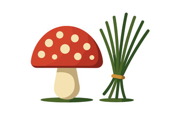 Red and white spotted mushroom next to bundle of green chives